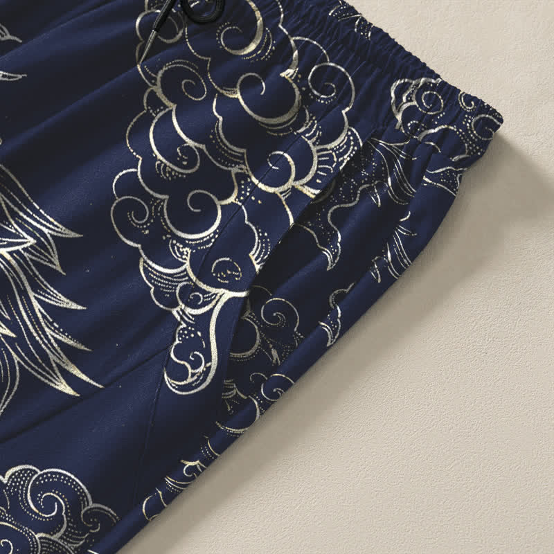 Buddha Stones Pure Cotton Oriental Dragon Cloud Pattern Drawstring Men's Tapered Pants With Pockets - image 4