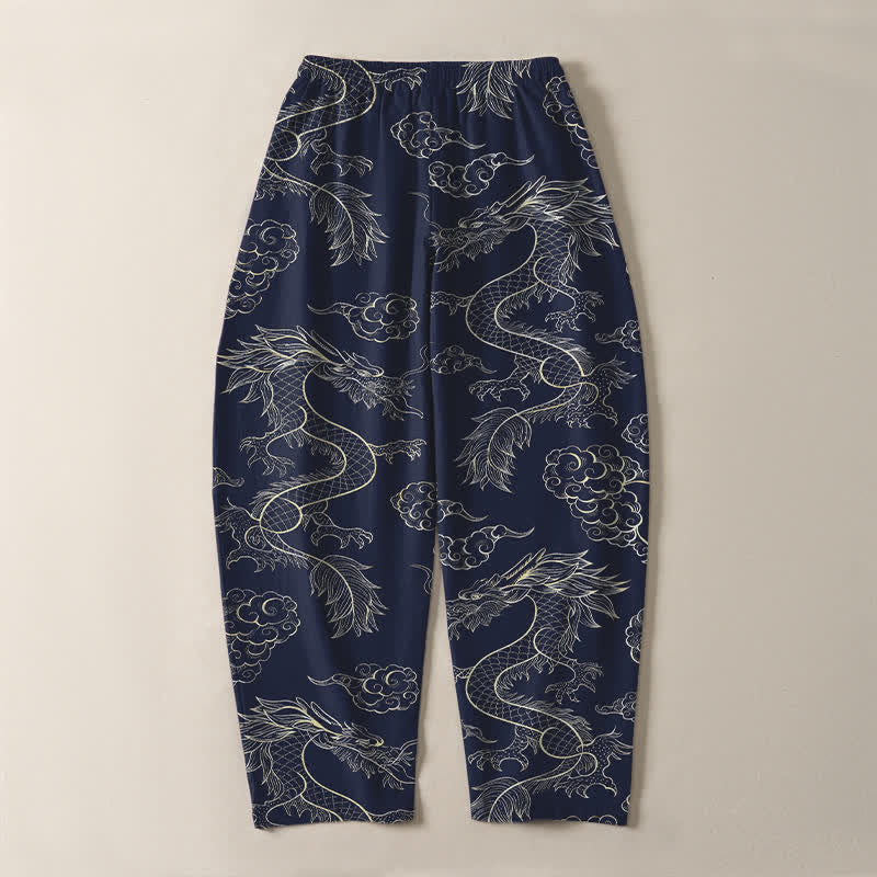 Buddha Stones Pure Cotton Oriental Dragon Cloud Pattern Drawstring Men's Tapered Pants With Pockets - image 3