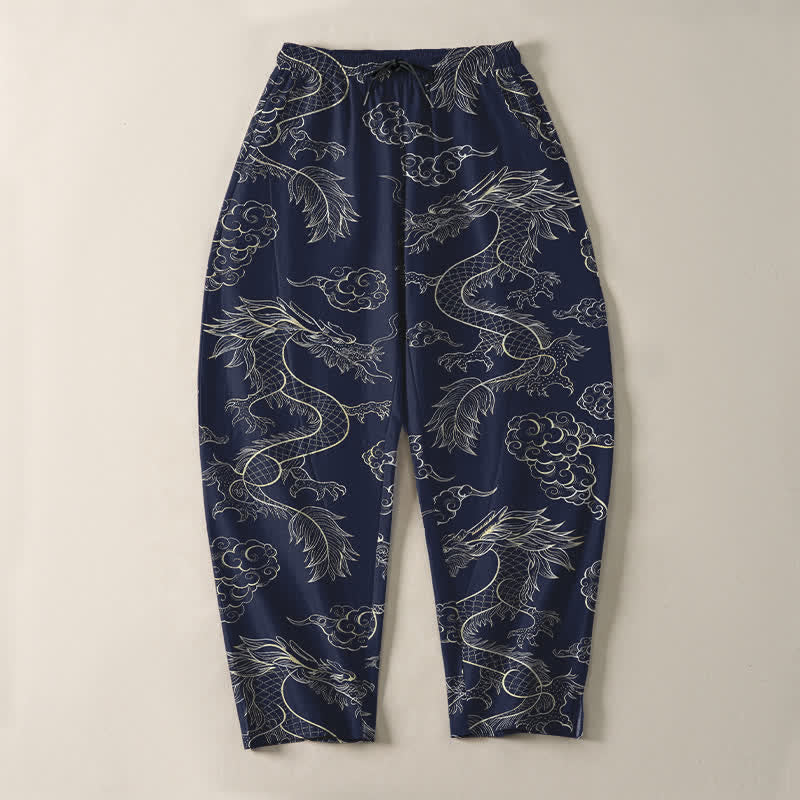 Buddha Stones Pure Cotton Oriental Dragon Cloud Pattern Drawstring Men's Tapered Pants With Pockets - image 2