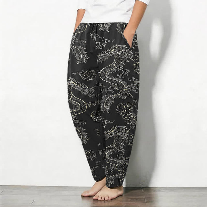 Buddha Stones Pure Cotton Oriental Dragon Cloud Pattern Drawstring Men's Tapered Pants With Pockets - image 8