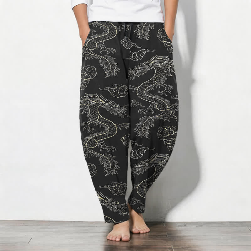 Buddha Stones Pure Cotton Oriental Dragon Cloud Pattern Drawstring Men's Tapered Pants With Pockets - Black - US/UK/AU50，EU60 (5XL) - image 7