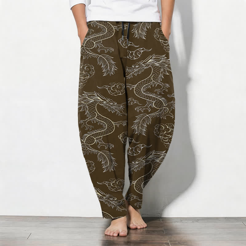 Buddha Stones Pure Cotton Oriental Dragon Cloud Pattern Drawstring Men's Tapered Pants With Pockets - SaddleBrown - US/UK/AU50，EU60 (5XL) - image 11