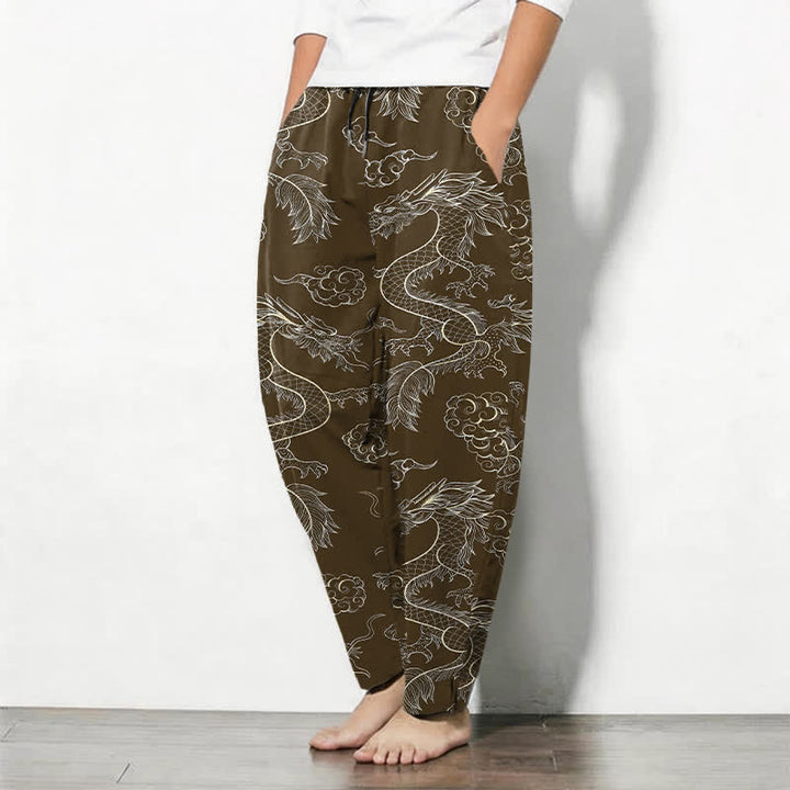 Buddha Stones Pure Cotton Oriental Dragon Cloud Pattern Drawstring Men's Tapered Pants With Pockets - image 12