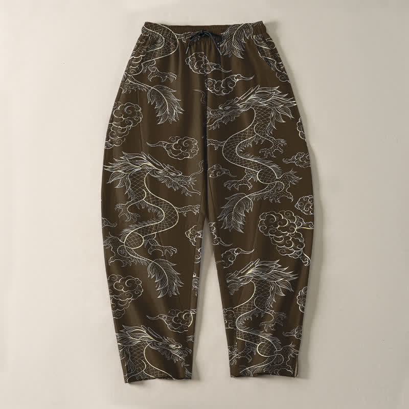 Buddha Stones Pure Cotton Oriental Dragon Cloud Pattern Drawstring Men's Tapered Pants With Pockets - image 13