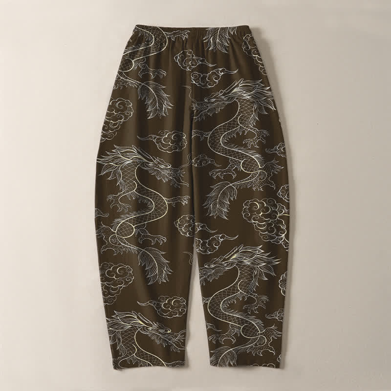 Buddha Stones Pure Cotton Oriental Dragon Cloud Pattern Drawstring Men's Tapered Pants With Pockets - image 14
