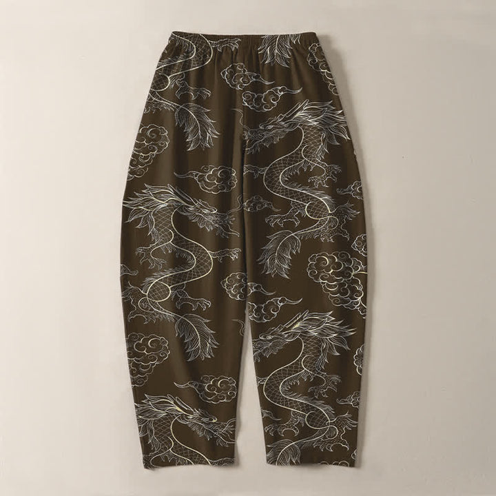 Buddha Stones Pure Cotton Oriental Dragon Cloud Pattern Drawstring Men's Tapered Pants With Pockets - image 14