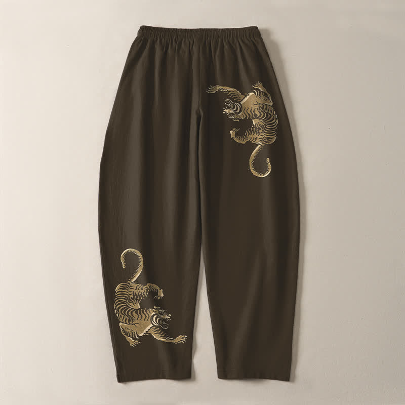 Buddha Stones Pure Cotton Golden Tiger Pattern Drawstring Men's Tapered Pants With Pockets - image 3