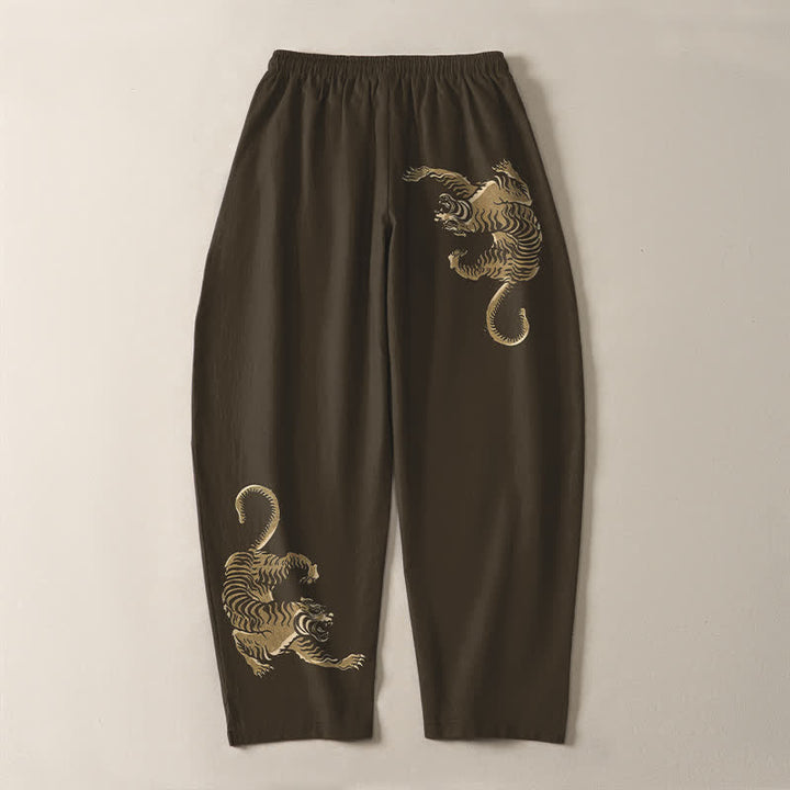 Buddha Stones Pure Cotton Golden Tiger Pattern Drawstring Men's Tapered Pants With Pockets - image 3