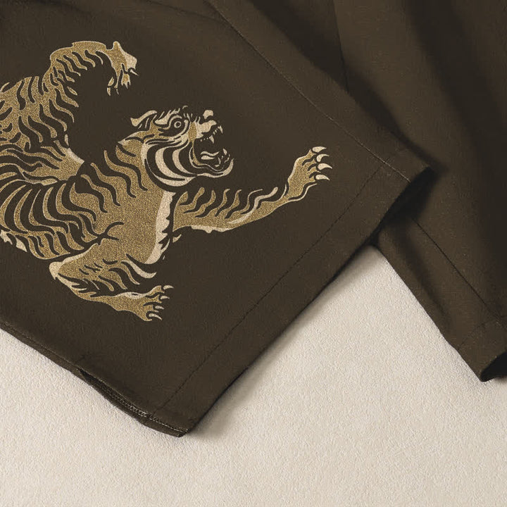 Buddha Stones Pure Cotton Golden Tiger Pattern Drawstring Men's Tapered Pants With Pockets - image 5