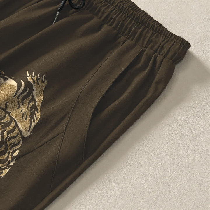 Buddha Stones Pure Cotton Golden Tiger Pattern Drawstring Men's Tapered Pants With Pockets - image 4