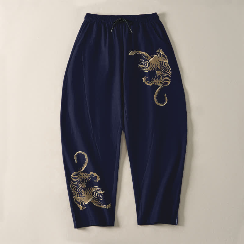 Buddha Stones Pure Cotton Golden Tiger Pattern Drawstring Men's Tapered Pants With Pockets - image 9
