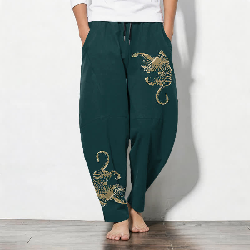 Buddha Stones Pure Cotton Golden Tiger Pattern Drawstring Men's Tapered Pants With Pockets - DarkSlateGray - US/UK/AU50，EU60 (5XL) - image 11