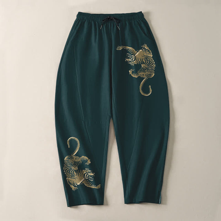 Buddha Stones Pure Cotton Golden Tiger Pattern Drawstring Men's Tapered Pants With Pockets - image 13