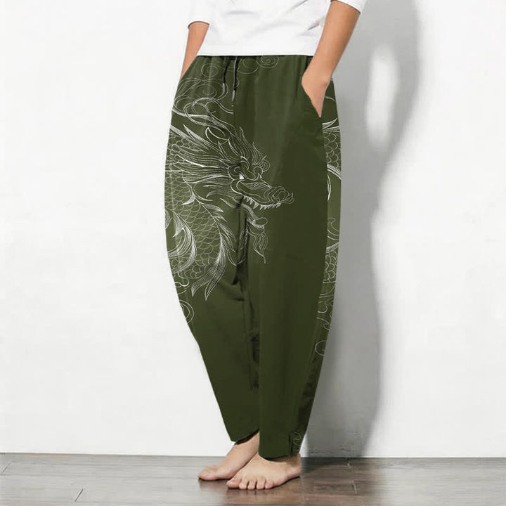 Buddha Stones Pure Cotton Dragon Line Art Pattern Drawstring Men's Tapered Pants With Pockets - image 12