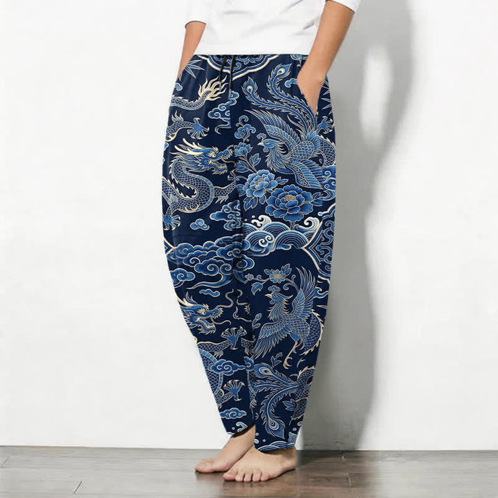 Buddha Stones Pure Cotton Azure Dragon Cloud Pattern Drawstring Men's Tapered Pants With Pockets - image 1