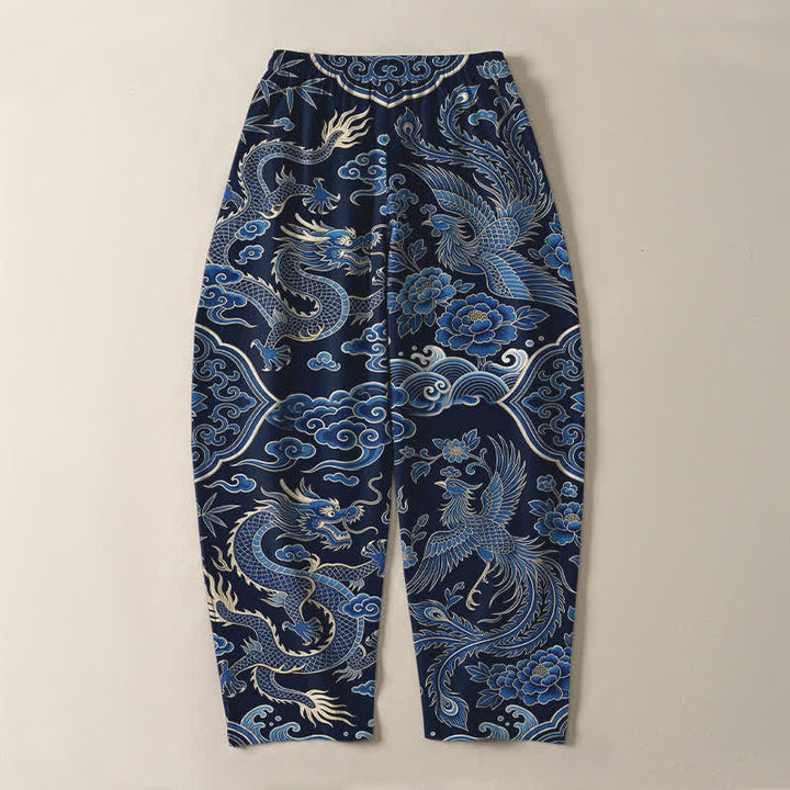 Buddha Stones Pure Cotton Azure Dragon Cloud Pattern Drawstring Men's Tapered Pants With Pockets - image 3