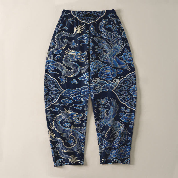 Buddha Stones Pure Cotton Azure Dragon Cloud Pattern Drawstring Men's Tapered Pants With Pockets - image 2