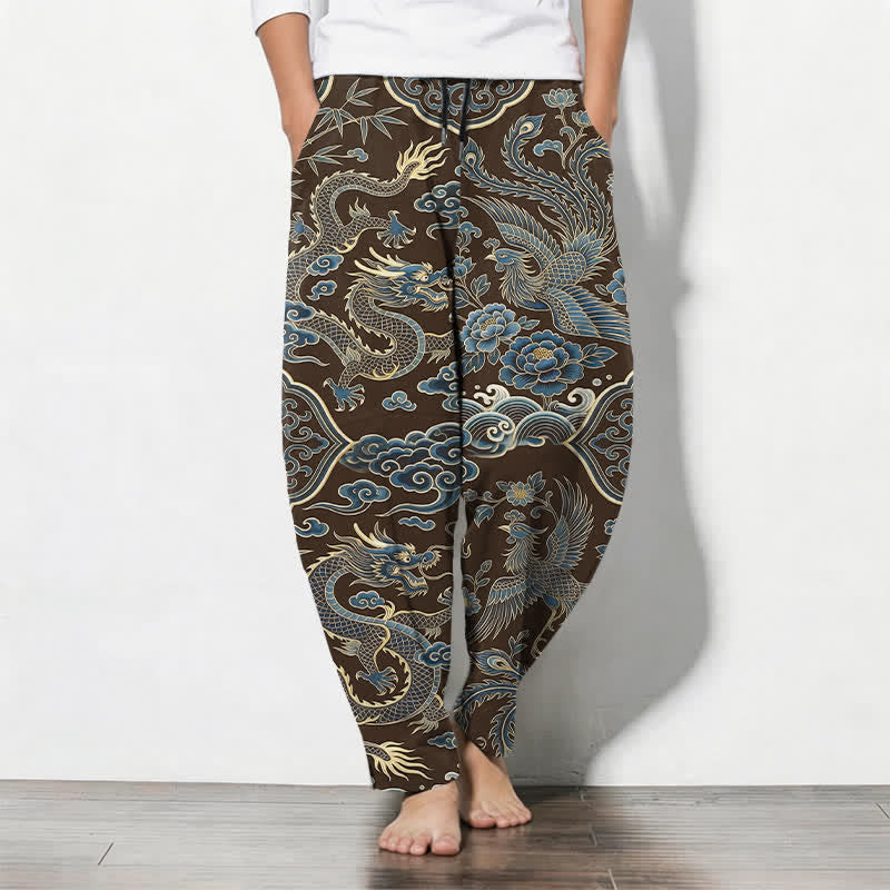 Buddha Stones Pure Cotton Azure Dragon Cloud Pattern Drawstring Men's Tapered Pants With Pockets - SaddleBrown - US/UK/AU50，EU60 (5XL) - image 7