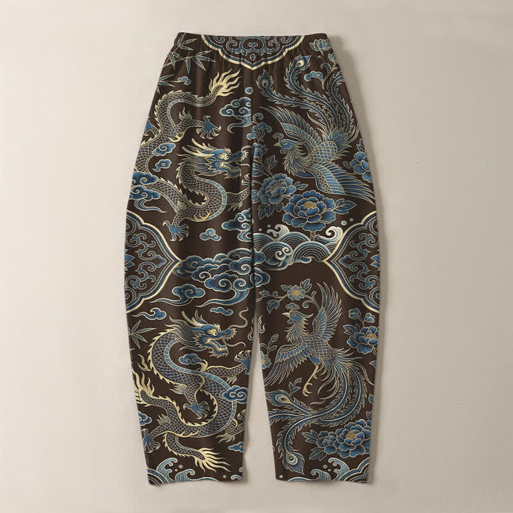 Buddha Stones Pure Cotton Azure Dragon Cloud Pattern Drawstring Men's Tapered Pants With Pockets - image 10