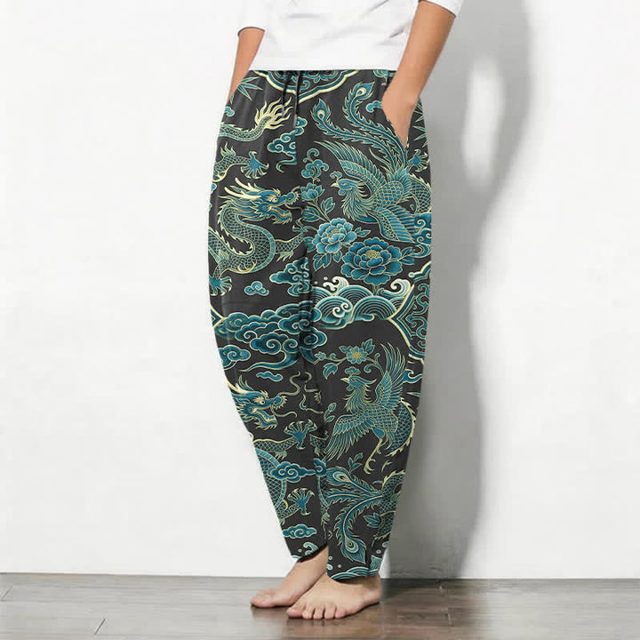 Buddha Stones Pure Cotton Azure Dragon Cloud Pattern Drawstring Men's Tapered Pants With Pockets - image 12