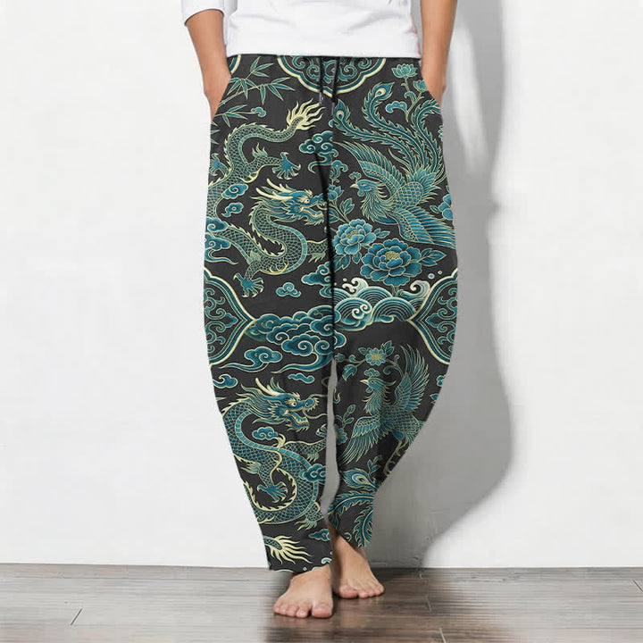 Buddha Stones Pure Cotton Azure Dragon Cloud Pattern Drawstring Men's Tapered Pants With Pockets - SeaGreen - US/UK/AU50，EU60 (5XL) - image 11