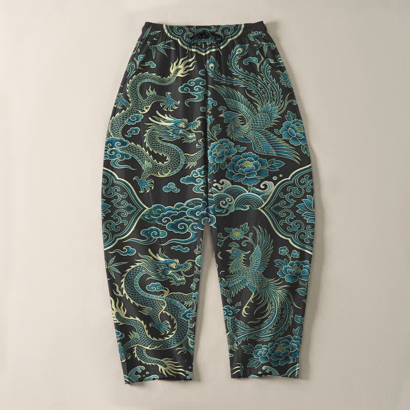 Buddha Stones Pure Cotton Azure Dragon Cloud Pattern Drawstring Men's Tapered Pants With Pockets - image 13