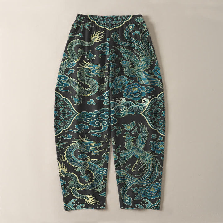 Buddha Stones Pure Cotton Azure Dragon Cloud Pattern Drawstring Men's Tapered Pants With Pockets - image 14