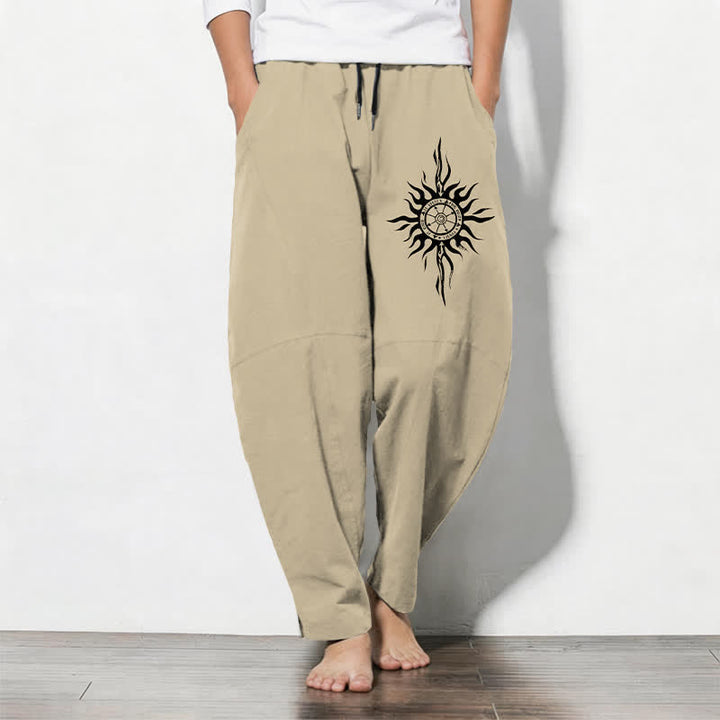 Buddha Stones Pure Cotton Tribal Sun Pattern Drawstring Men's Tapered Pants With Pockets - PaleGoldenrod - US/UK/AU50，EU60 (5XL) - image 0