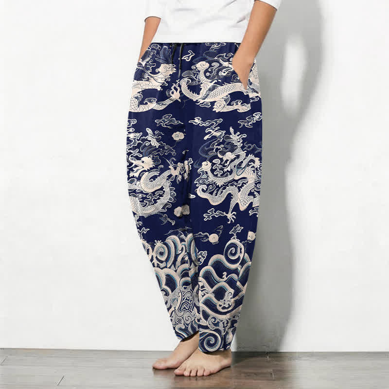 Buddha Stones Pure Cotton Dragon Wave Pattern Drawstring Men's Tapered Pants With Pockets - image 1