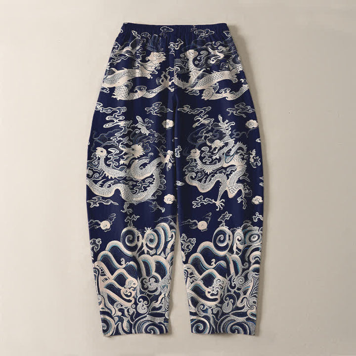 Buddha Stones Pure Cotton Dragon Wave Pattern Drawstring Men's Tapered Pants With Pockets - image 3
