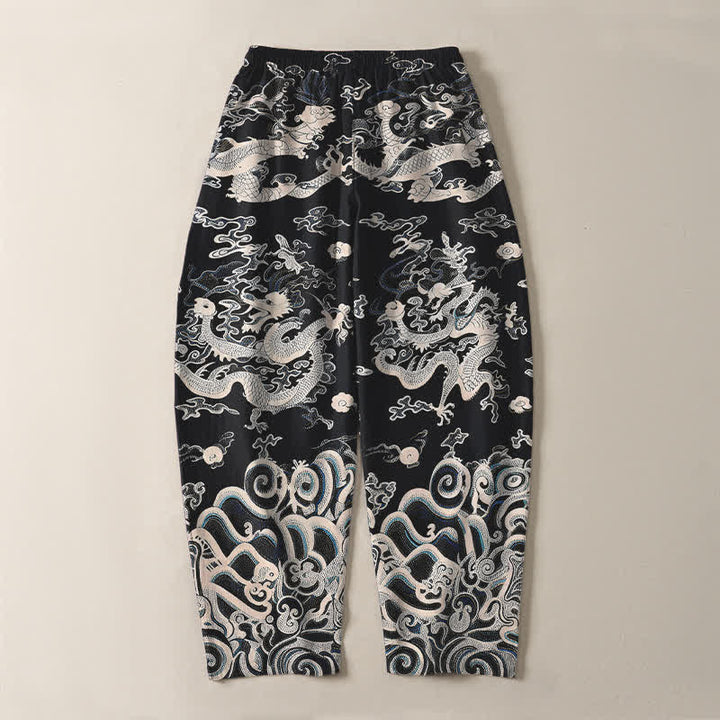 Buddha Stones Pure Cotton Dragon Wave Pattern Drawstring Men's Tapered Pants With Pockets - image 10