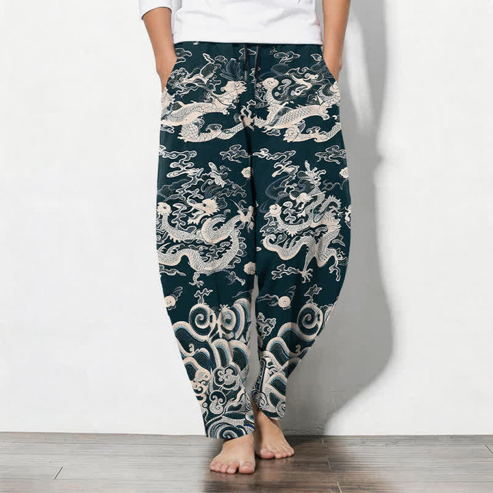 Buddha Stones Pure Cotton Dragon Wave Pattern Drawstring Men's Tapered Pants With Pockets - Teal - US/UK/AU50，EU60 (5XL) - image 11