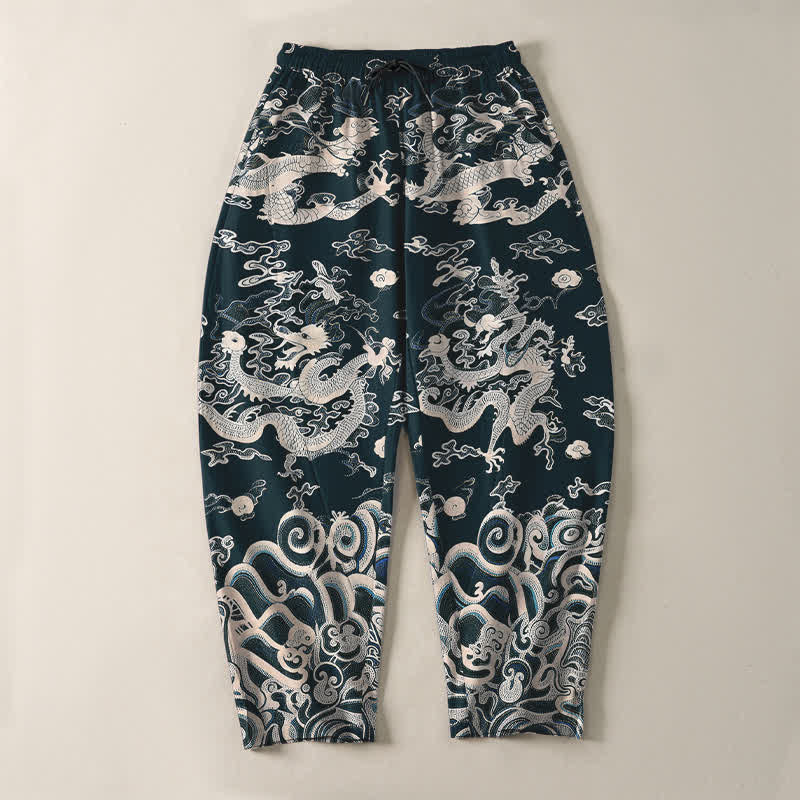 Buddha Stones Pure Cotton Dragon Wave Pattern Drawstring Men's Tapered Pants With Pockets - image 13