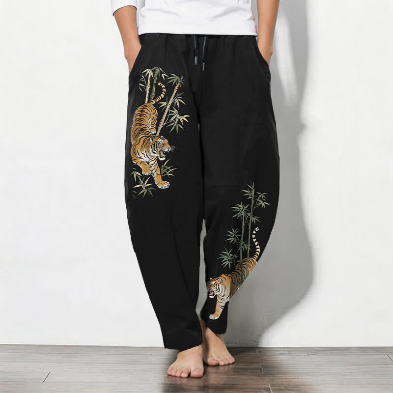 Buddha Stones Pure Cotton Tiger Bamboo Pattern Drawstring Men's Tapered Pants With Pockets - Black - US/UK/AU50，EU60 (5XL) - image 0