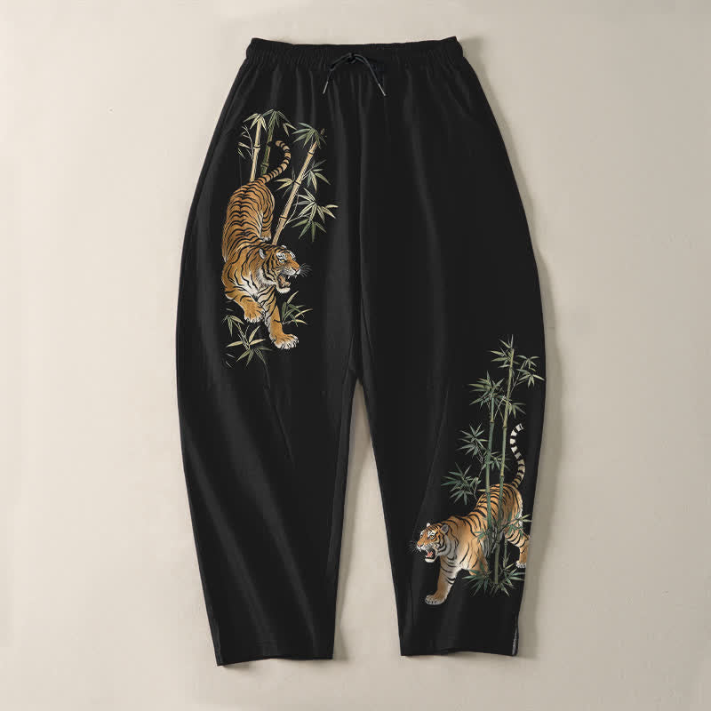Buddha Stones Pure Cotton Tiger Bamboo Pattern Drawstring Men's Tapered Pants With Pockets - image 2