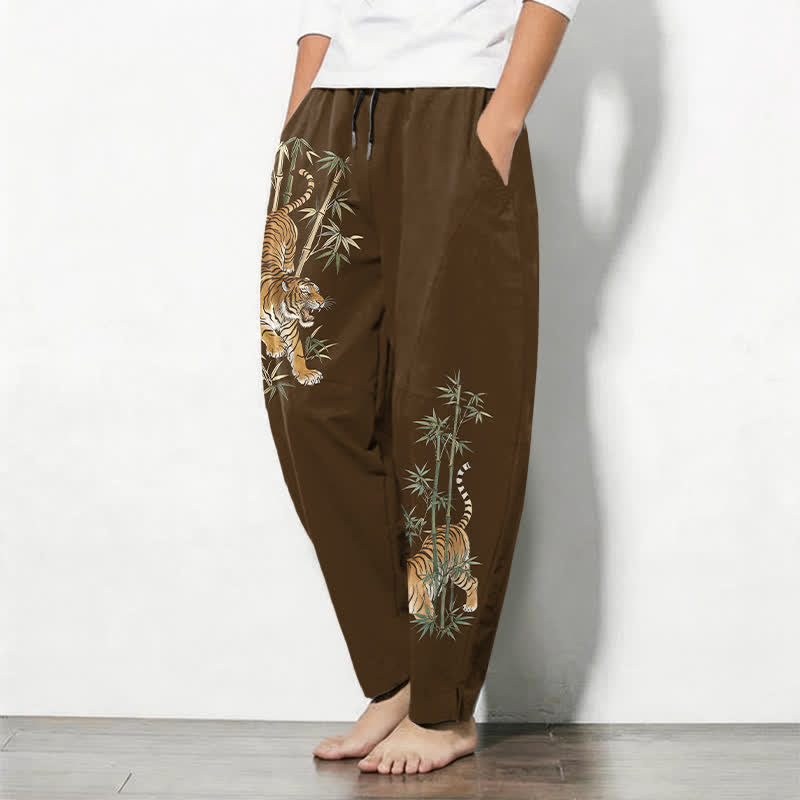 Buddha Stones Pure Cotton Tiger Bamboo Pattern Drawstring Men's Tapered Pants With Pockets - image 8