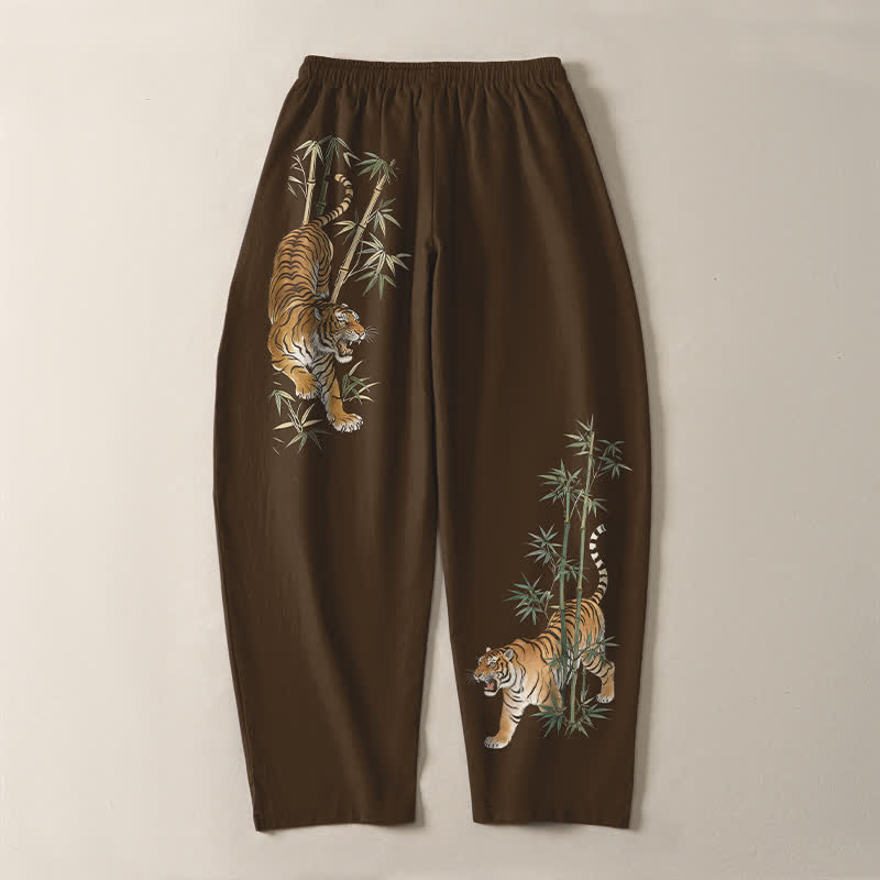 Buddha Stones Pure Cotton Tiger Bamboo Pattern Drawstring Men's Tapered Pants With Pockets - image 10