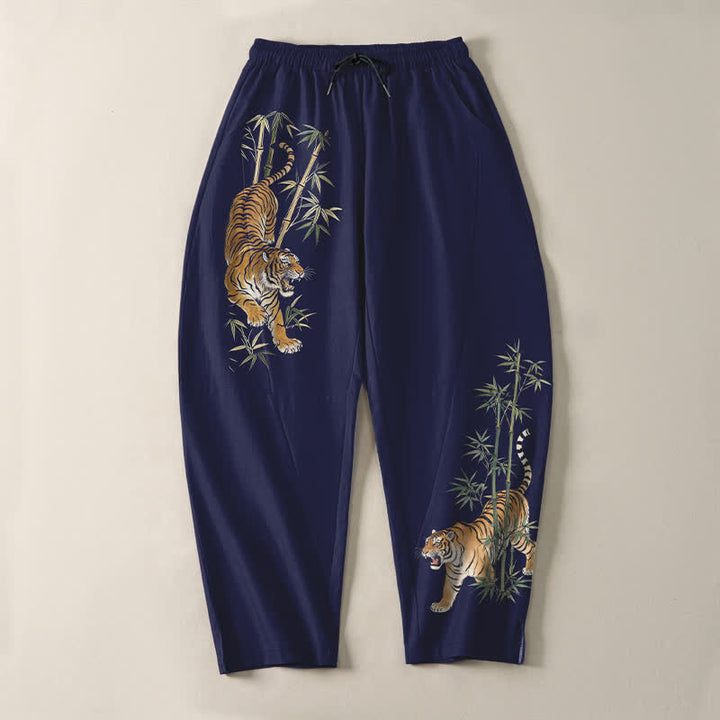 Buddha Stones Pure Cotton Tiger Bamboo Pattern Drawstring Men's Tapered Pants With Pockets - image 13
