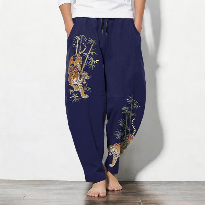 Buddha Stones Pure Cotton Tiger Bamboo Pattern Drawstring Men's Tapered Pants With Pockets - Navy - US/UK/AU50，EU60 (5XL) - image 11