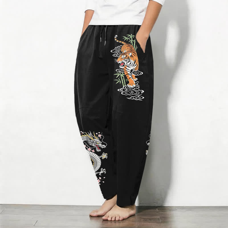 Buddha Stones Pure Cotton Tiger Dragon Pattern Drawstring Men's Tapered Pants With Pockets - image 1