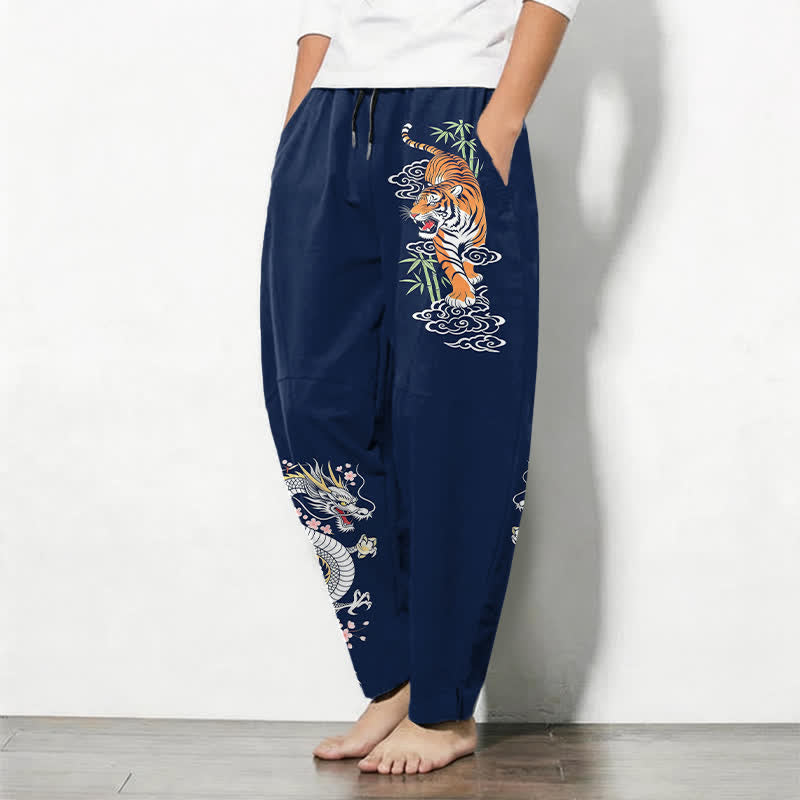 Buddha Stones Pure Cotton Tiger Dragon Pattern Drawstring Men's Tapered Pants With Pockets - image 8