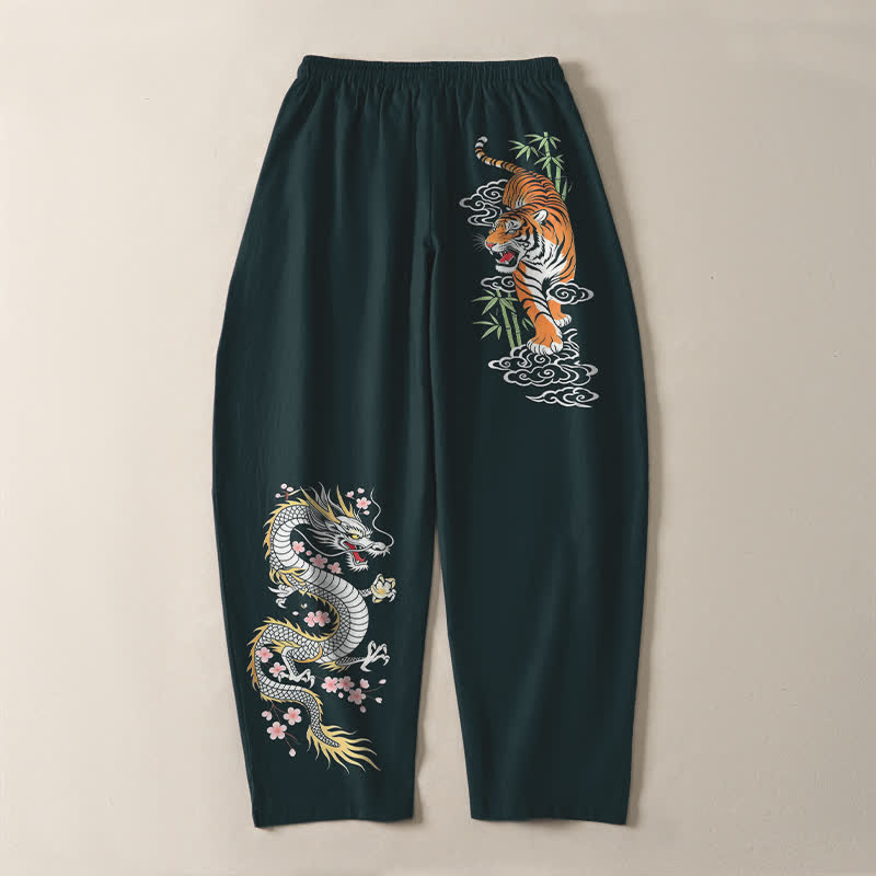 Buddha Stones Pure Cotton Tiger Dragon Pattern Drawstring Men's Tapered Pants With Pockets - image 14