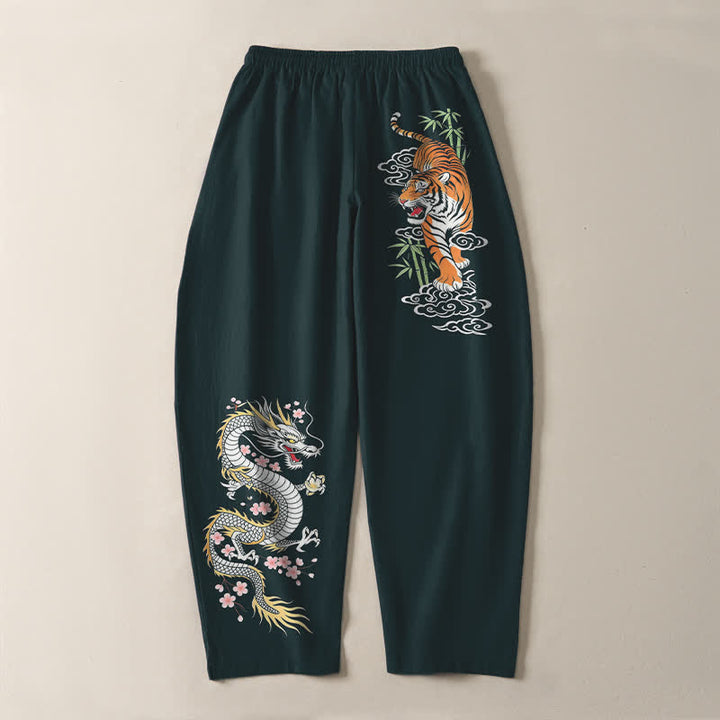 Buddha Stones Pure Cotton Tiger Dragon Pattern Drawstring Men's Tapered Pants With Pockets - image 14