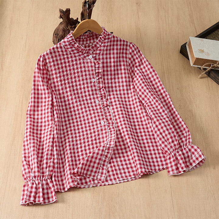 Buddha Stones Spring Summer Vintage Casual Button-Up Plaid Women's Long Sleeve Shirts - Crimson - US8-10, UK/AU12-14, EU40-42 (2XL) - image 0