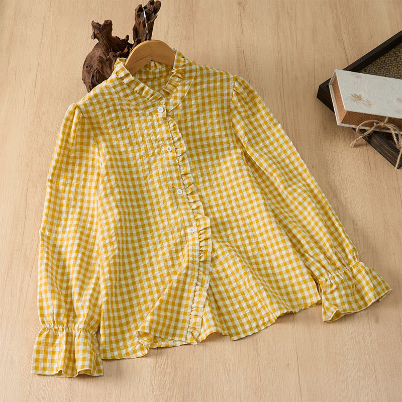 Buddha Stones Spring Summer Vintage Casual Button-Up Plaid Women's Long Sleeve Shirts - Gold - US8-10, UK/AU12-14, EU40-42 (2XL) - image 8
