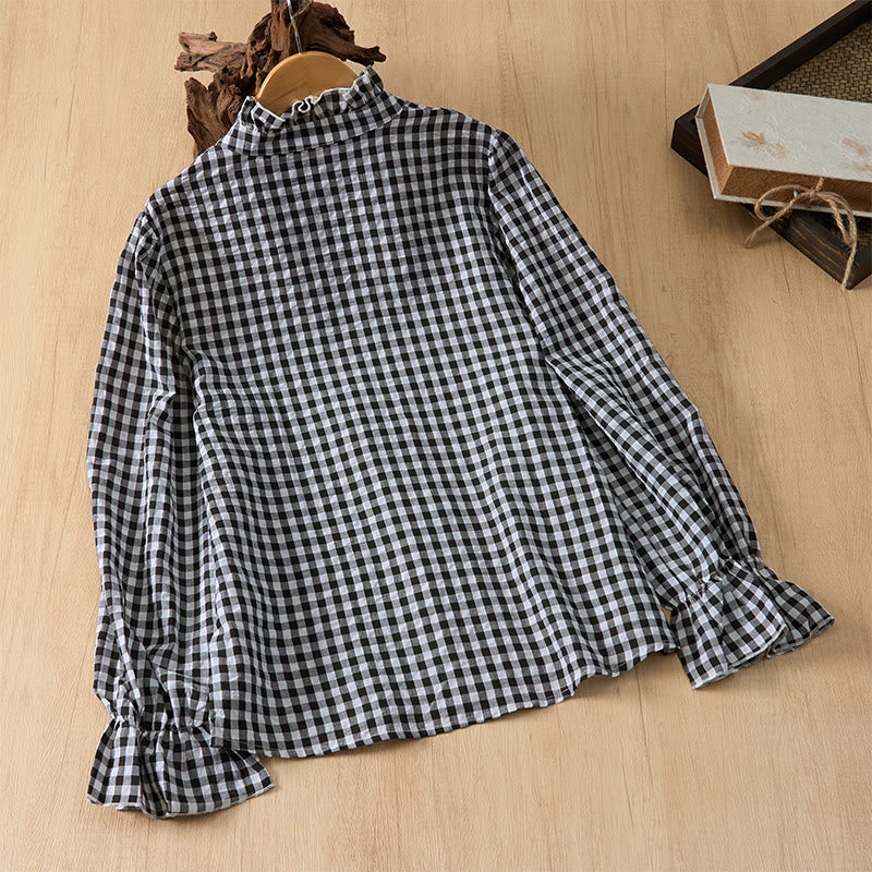 Buddha Stones Spring Summer Vintage Casual Button-Up Plaid Women's Long Sleeve Shirts - image 21