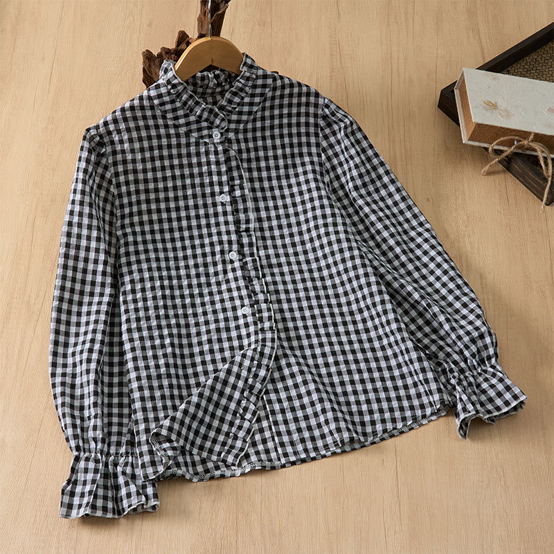 Buddha Stones Spring Summer Vintage Casual Button-Up Plaid Women's Long Sleeve Shirts - image 20