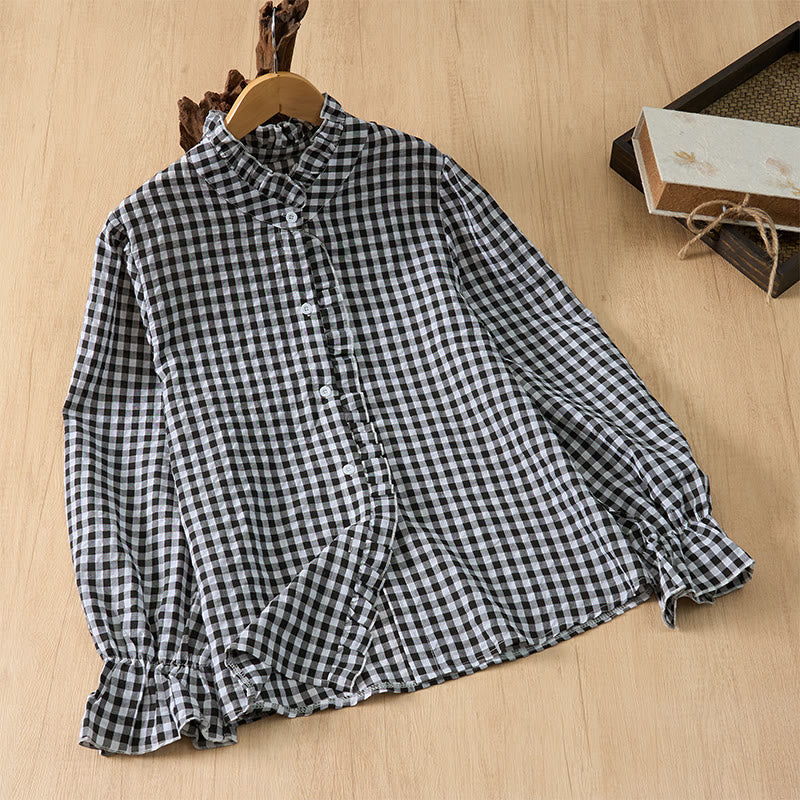 Buddha Stones Spring Summer Vintage Casual Button-Up Plaid Women's Long Sleeve Shirts - Black - US8-10, UK/AU12-14, EU40-42 (2XL) - image 19