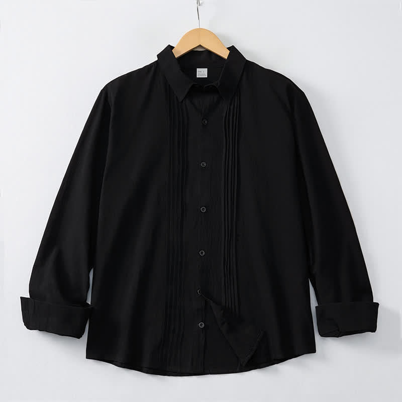 Buddha Stones Spring Minimalist Pintuck Button-Up Solid Men's Long Sleeve Shirts - Black - US/UK/AU46, EU56 (5XL) - image 8