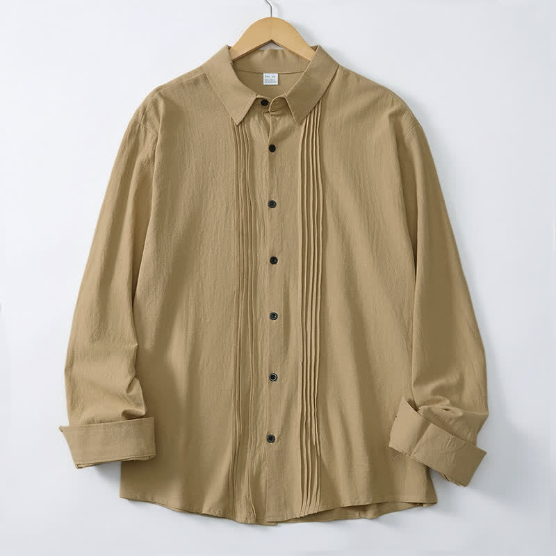 Buddha Stones Spring Minimalist Pintuck Button-Up Solid Men's Long Sleeve Shirts - Tan - US/UK/AU46, EU56 (5XL) - image 16